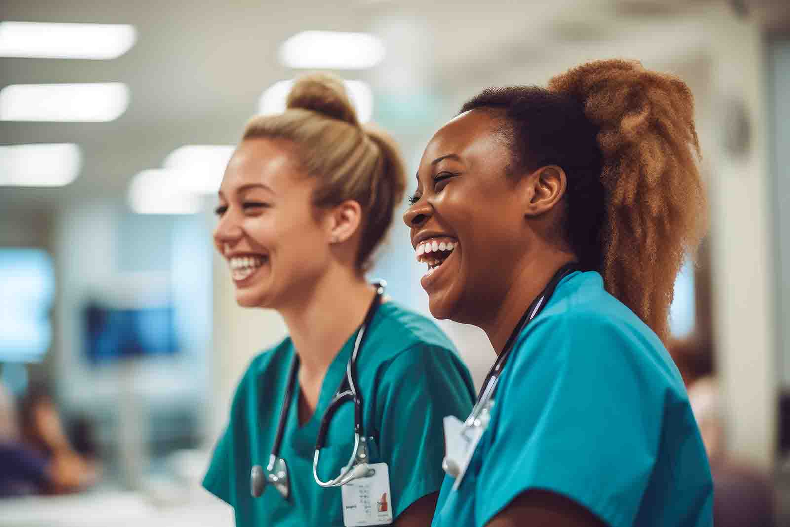 Two female nurses laughing together