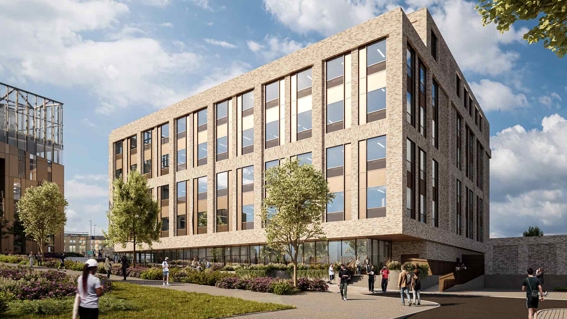 An artists impression of the new Emily Siddon building. It shows a pale building with windows and trees near it.